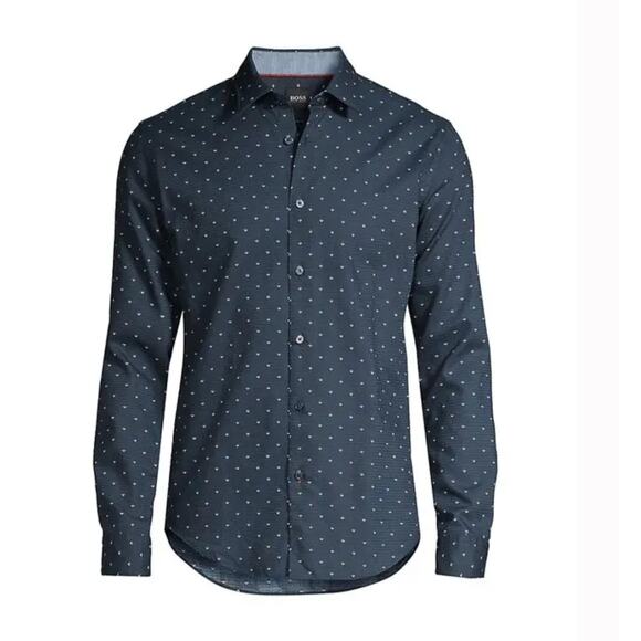 Hugo BOSS Men's Ronni Navy Blue Patterned Slim Fit Button Down Shirt Medium M - Picture 1 of 10